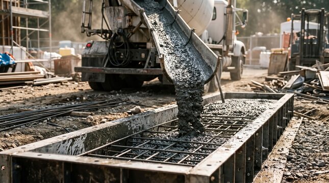 Wet concrete pours from a mixer truck into a steel foundation formwork construction.