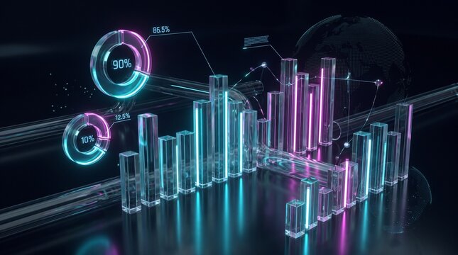 Glowing glass bar charts display financial market data analysis on a digital interface.
