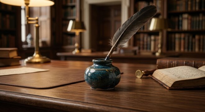 Elegantly crafted antique quill pen resting in a vintage teal inkwell on a polished wooden desk in a library setting