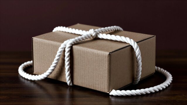 Brown box tied with white rope, resting on dark wooden surface.
