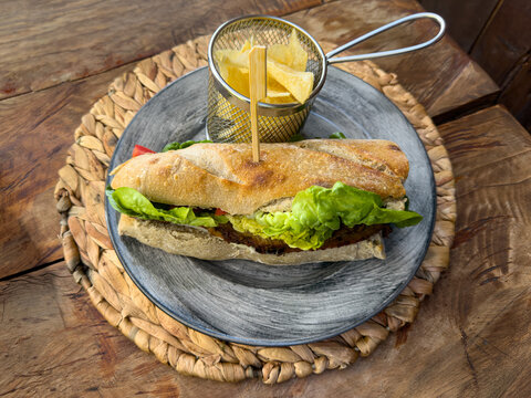 Artisan sourdough baguette sandwich meal