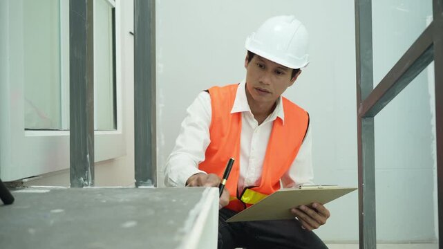 inspector or engineer is inspecting construction and quality assurance new house using a checklist. Engineers or architects or contactor work to build the house before handing it over to the homeowner