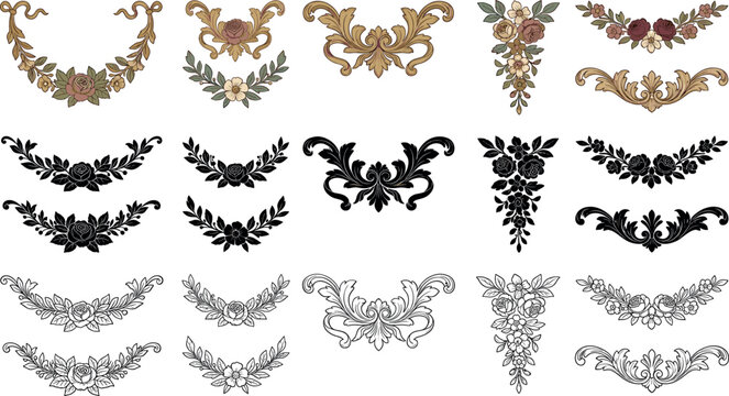 Vintage baroque floral swags bundle featuring elegant botanical laurel wreaths and decorative renaissance scrollwork border vector ornament graphics