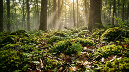 Fototapeta premium Sunlight rays streaming through trees in a lush green forest with mossy ground floor.