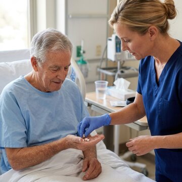 Caring Nurse Administering Medication To Elderly Patient In Hospital Bed