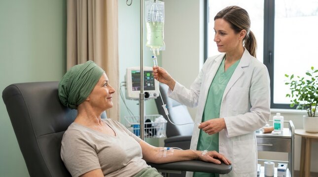 Caring Nurse Administers Infusion Therapy To Patient Undergoing Treatment