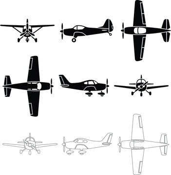 Set of small propeller airplane icons showing top view and front angled view, featuring light aircraft silhouettes for aviation and travel concepts.