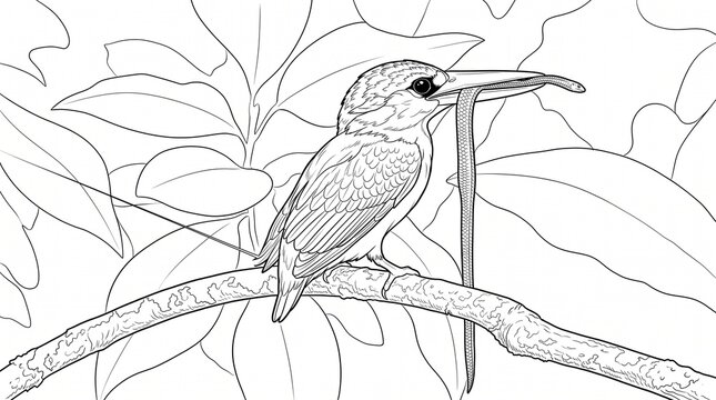 bird on a branch Draw a blue and orange kingfisher in a natural style.