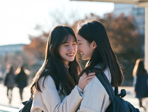 屋外で笑顔で会話する若い女性の友達二人