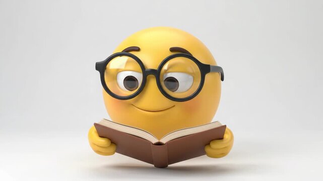 Cute 3D yellow nerd emoji reading a book on isolated white background