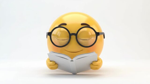 Cute 3D Nerd Emoji Wearing Glasses Reading A Book on White Background