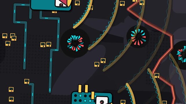 Retro UPA style 2D animation of a subterranean machine character moving through an abstract industrial maze with pipes and meters
