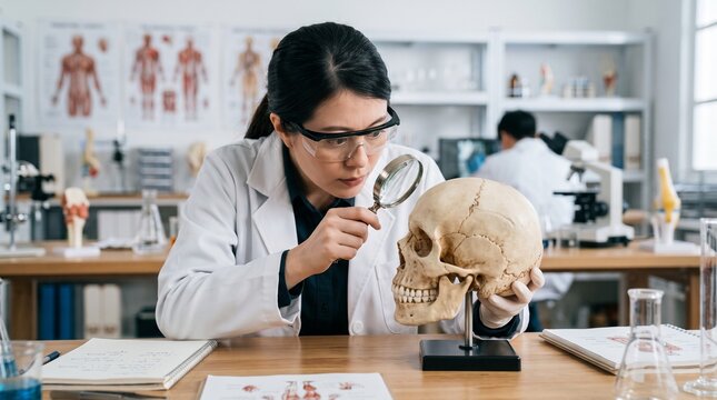 Asian female scientist examines human skull with magnifying glass in laboratory forensic science research