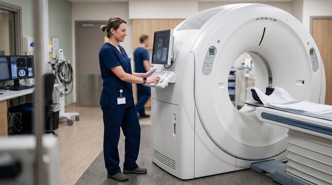 Radiology Technician Operates CT Scanner in Modern Medical Imaging Suite