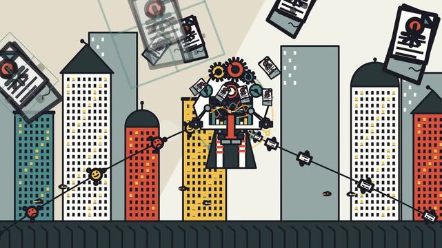 Abstract 2D animation of a multi-armed robot processing flying documents in a futuristic smart city environment symbolizing artificial intelligence and data management