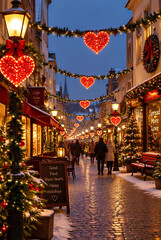 Fototapeta premium Romantic Valentines Day or Christmas Street Scene with Heart Lights and Snow