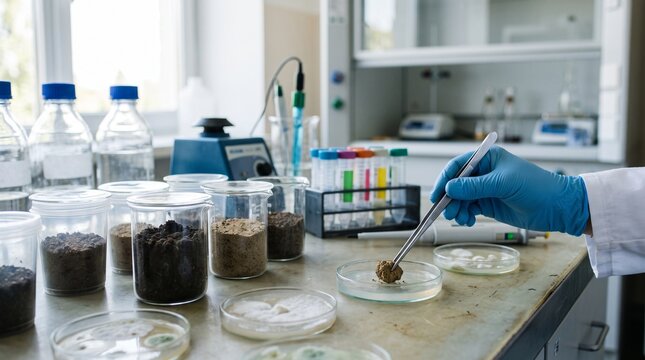 Scientist in blue gloves examines soil sample with tweezers in a laboratory setting with test tubes and beakers