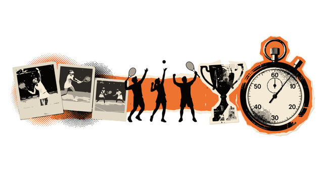 Vintage tennis collage with athlete silhouettes and stopwatch, retro sports competition elements, grunge tennis tournament vector illustration