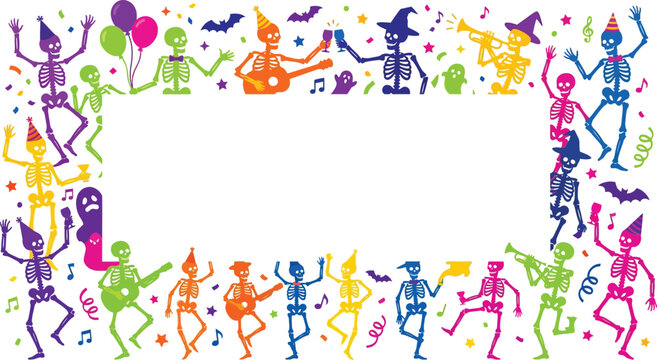 Colorful Halloween skeleton party frame with dancing characters and musical instruments.