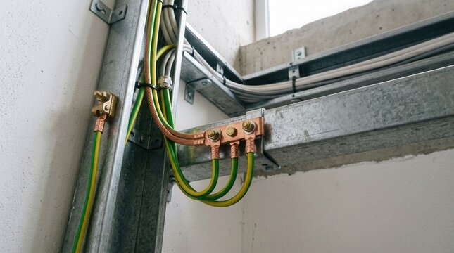 Close-up of electrical grounding system with copper busbar, green-yellow earth wires, and metal cable tray