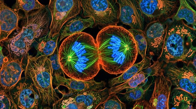Microscopic view of cell division showing chromosomes separating during mitosis with vibrant fluorescent staining