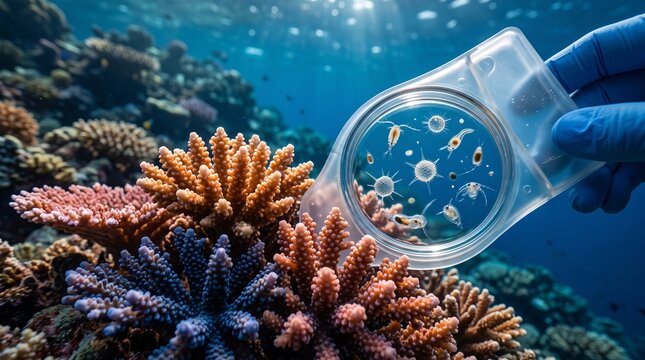 Marine biologist collects plankton samples from vibrant coral reef for scientific research and ocean conservation efforts