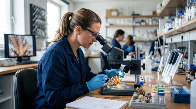 Female scientist examines coral sample under microscope in a modern laboratory setting with colleagues in background