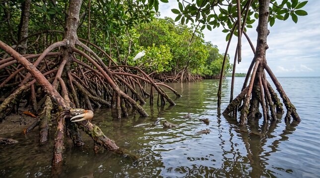 Mangrove forest ecosystem with crab and mudskippers in shallow water and a white egret bird perched on a branch