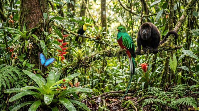 Vibrant Costa Rican Rainforest Ecosystem with Resplendent Quetzal, Howler Monkey, Toucan, Blue Morpho Butterfly, and Red-Eyed Tree Frog