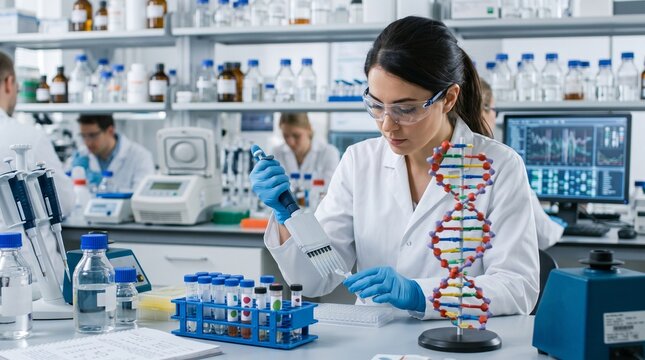 Female scientist in lab coat and safety glasses performs DNA research with pipette and model, computer screen displays data