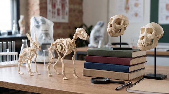 Evolutionary Biology Display with Animal Skeletons and Primate Skulls in a Classroom Setting
