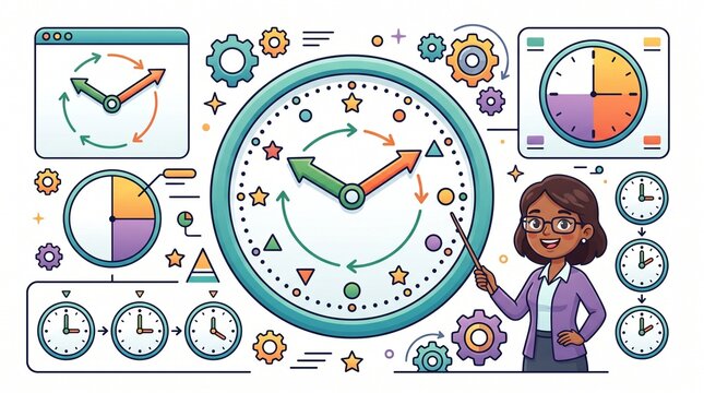Businesswoman explaining time management concepts with clocks gears and charts illustrating productivity and planning strategies