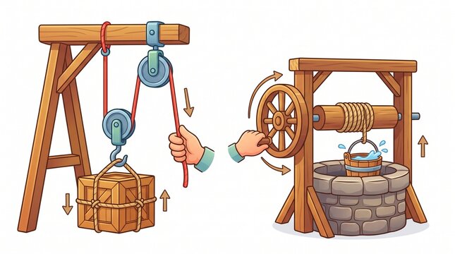 Illustration of simple machines physics concepts showing a pulley system lifting a crate and a well with a crank for drawing water
