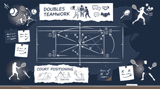 Tennis strategy chalkboard vector, doubles teamwork and court positioning diagrams, professional sports coaching playboard with player silhouettes