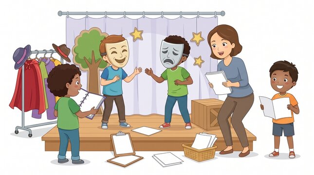 Children practicing drama on stage with teacher, wearing masks and holding scripts, diverse group learning acting skills