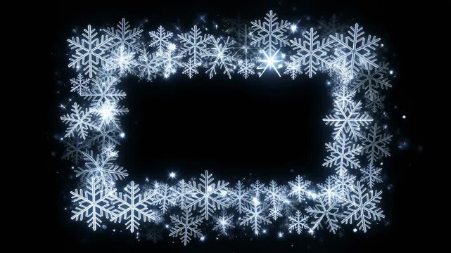 3D rectangular winter snowflake frame animation &mdash; sparkling snow stars and elegant snowflake