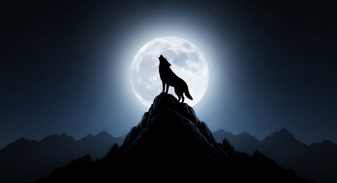 Lone wolf howling at a full moon atop a dark mountain peak under a starry night sky.