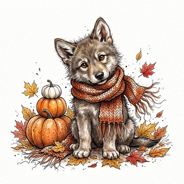 A cute wolf pup wearing a warm knitted scarf sitting beside a stack of pumpkins with surrounded colorful autumn pumpkins white background