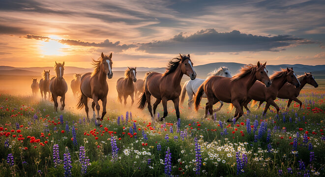 Herd of wild horses galloping through a vibrant wildflower meadow during a golden sunset