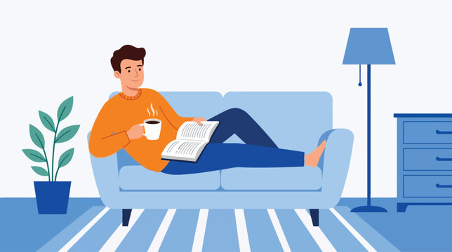 Man Relaxing on a Sofa With a Book and Coffee During a Lazy Day at Home Flat Vector Illustration
