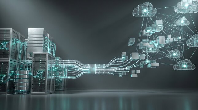 Modern cloud computing concept showing server racks transferring high-speed data to floating digital clouds.