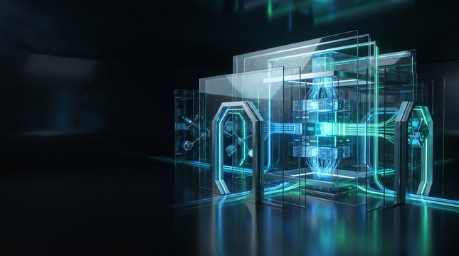 Futuristic quantum computer processor inside protective glass chamber emitting bright blue glowing light