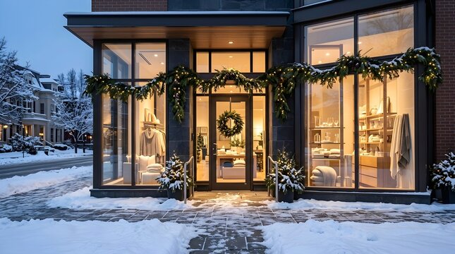 Luxury store front with christmas wreath garlands lights and snowy street