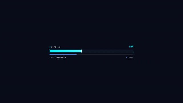 Minimalist digital loading bar animation with a progress indicator and synchronizing status text against a clean dark computer interface background