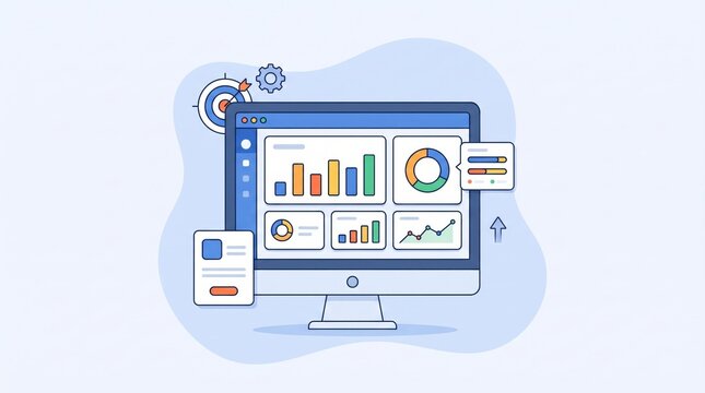 Business analytics dashboard on computer screen vector illustration with financial charts, graphs, and data visualization elements.