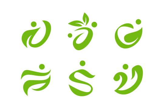 Abstract Green Leaf People Human Logo Icon Set for Health Care Branding