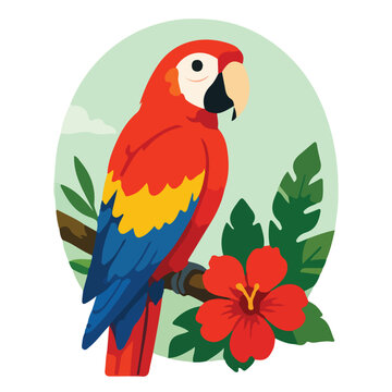 Scarlet macaw parrot perched on a branch with red hibiscus flower and tropical leaves vector illustration, exotic wildlife, rainforest fauna, and jungle concept.