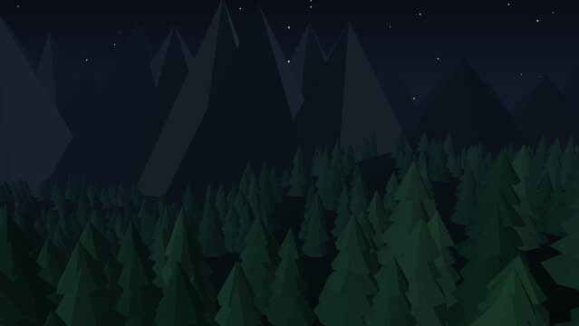 Low poly coniferous forest landscape under a starry night sky