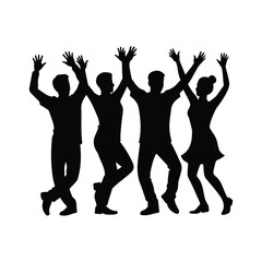Fototapeta premium Dancing people silhouette group celebrating with arms up.