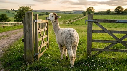 Obraz premium Alpaca Walking Through a Wooden Farm Gate at Sunset